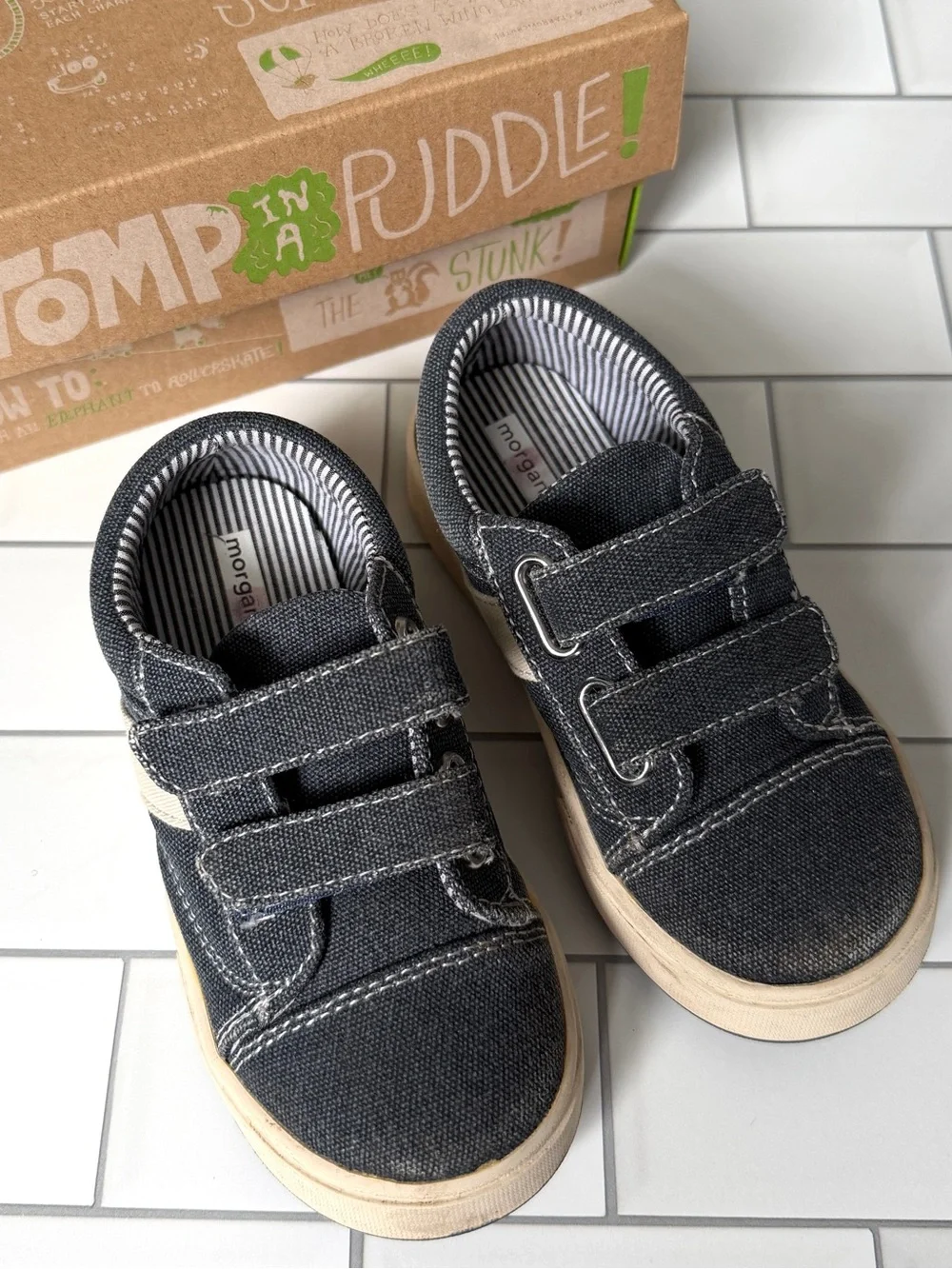9💙 Morgan & Milo Toddler Boy Miles Double V Shoe Navy Blue Denim Velcro Sneakers